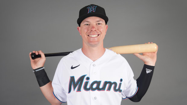 Feb 22, 2023; Jupiter, FL, USA; Miami Marlins infielder Troy Johnston (79) poses for a photo during photo day at Roger Dean Chevrolet Stadium. Mandatory Credit: Jim Rassol-USA TODAY Sports  